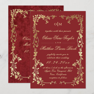 Invitación Boda de terciopelo falso floral elegante real rojo