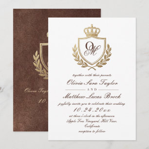 Invitación Boda de terciopelo marrón falso con monograma real