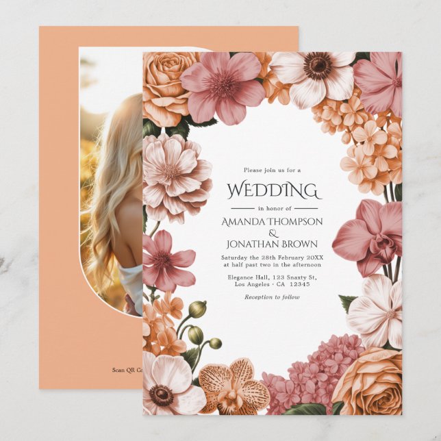 Invitación Boda de Terra Peach, Clay Rose y Soft Blush Buff (Anverso / Reverso)