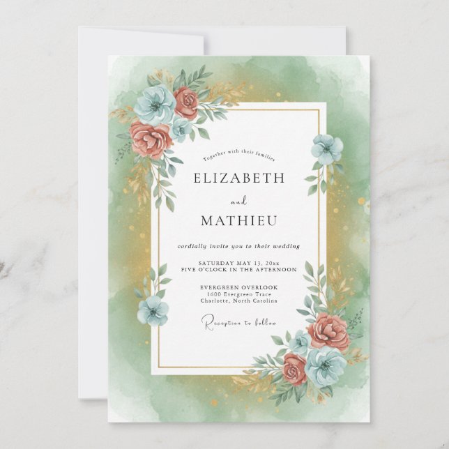Invitación Boda de terracota azul follaje eucalipto (Anverso)