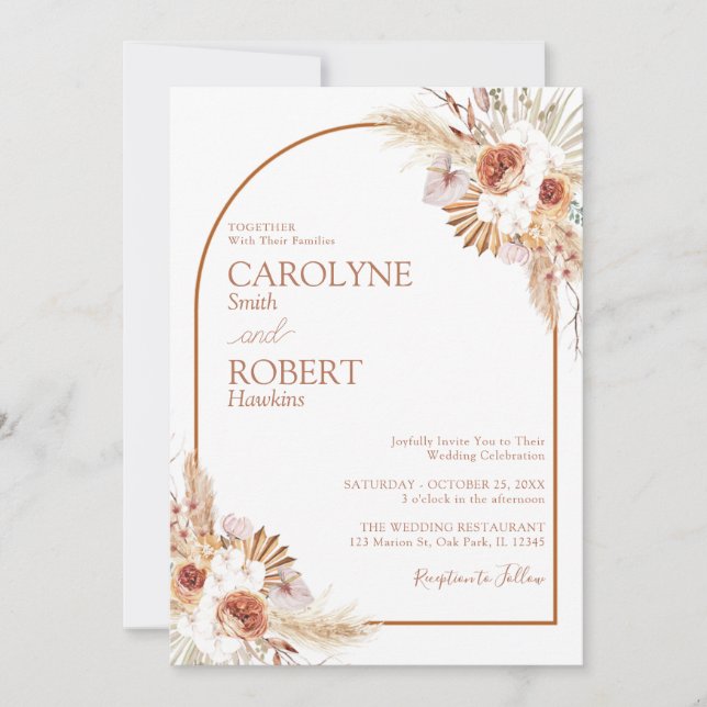 Invitación Boda de Terracota Bohemiana De Pampas Modernas En (Anverso)