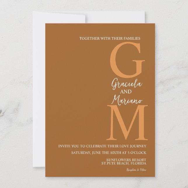 Invitación Boda de Terracota Bohemio Monogramado Marrón (Anverso)