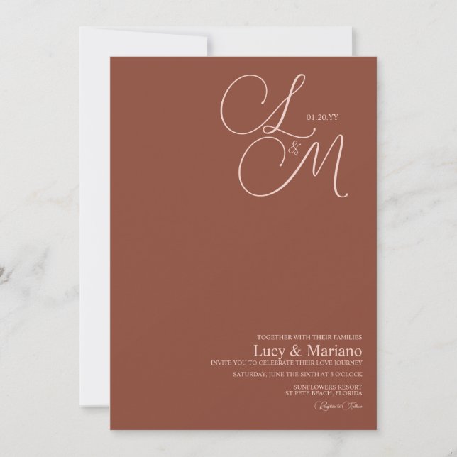 Invitación Boda de Terracota con Letra Elegante Monogramada (Anverso)