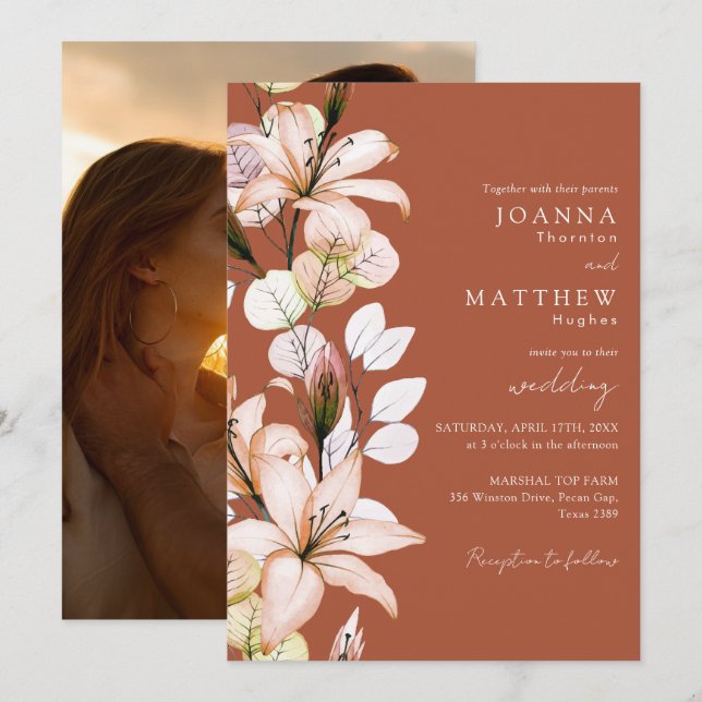 Invitación Boda de Terracota Floral Foto Otoño (Anverso / Reverso)