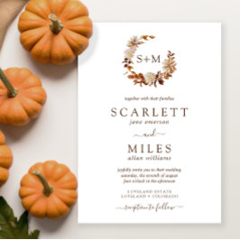 Invitación Boda de terracota monograma de otoño blanco