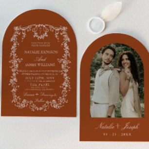 Invitación Boda de Terracota Naranja Quemada Floral Arqueada