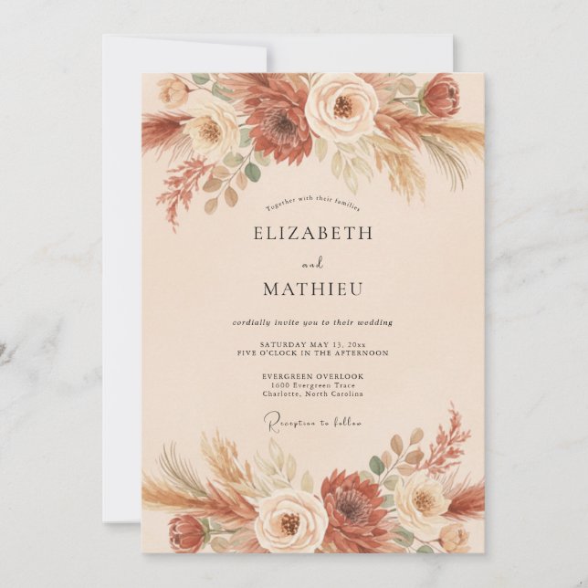Invitación Boda de terracota Pampas trigo eucalipto (Anverso)