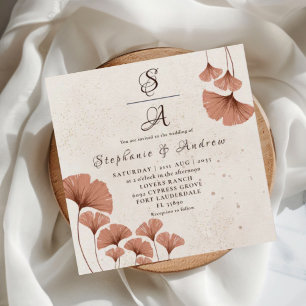 Invitación Boda de Terracota Rústica con Follaje de Ginkgo