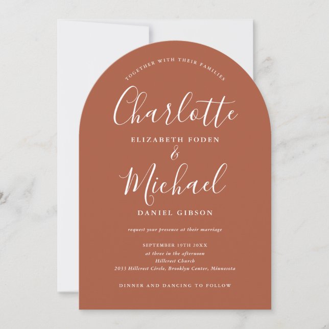 Invitación Boda de Terracota Todo En Uno Chic Script Arco (Anverso)