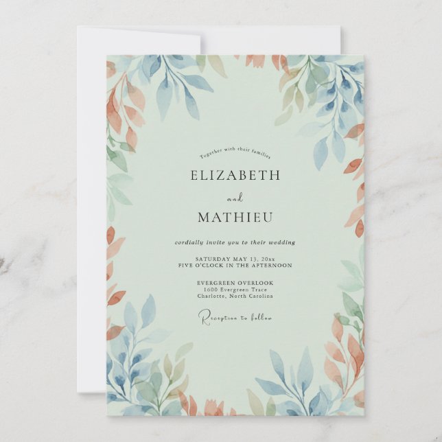 Invitación Boda de Terracota y Menta con Hojas (Anverso)