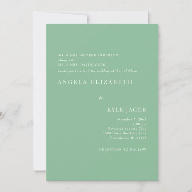 Invitación Boda de texto blanco verde de verano simple y eleg (Anverso)