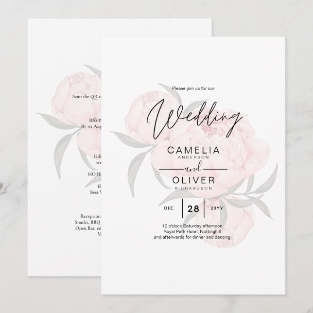 Invitación Boda de texto de floral rosa LeahG Rubor (Anverso / Reverso)