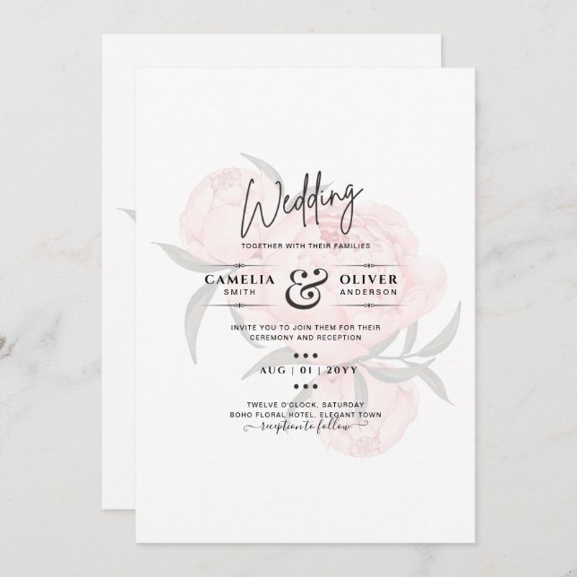 Invitación Boda de texto de floral rosa LeahG Rubor (Anverso / Reverso)