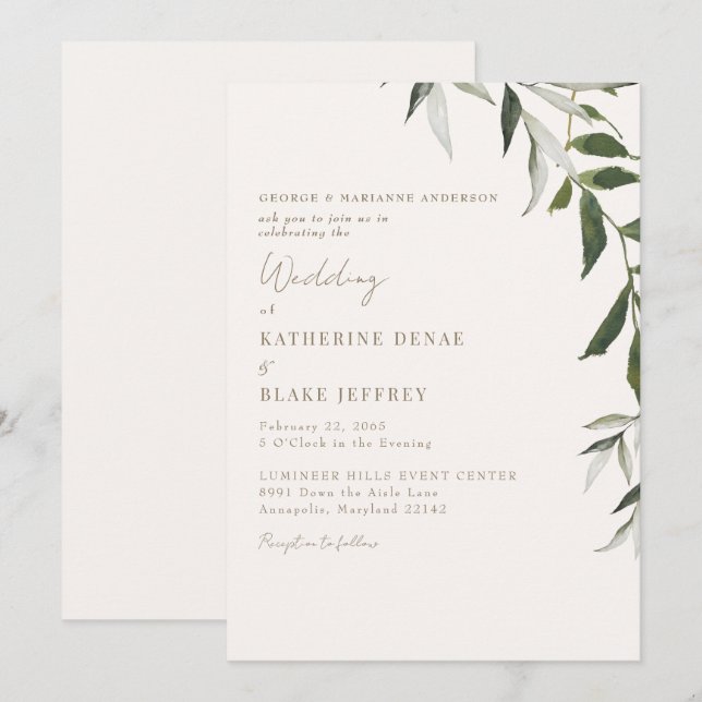 Invitación Boda de texto de oro con champán claro verde (Anverso / Reverso)