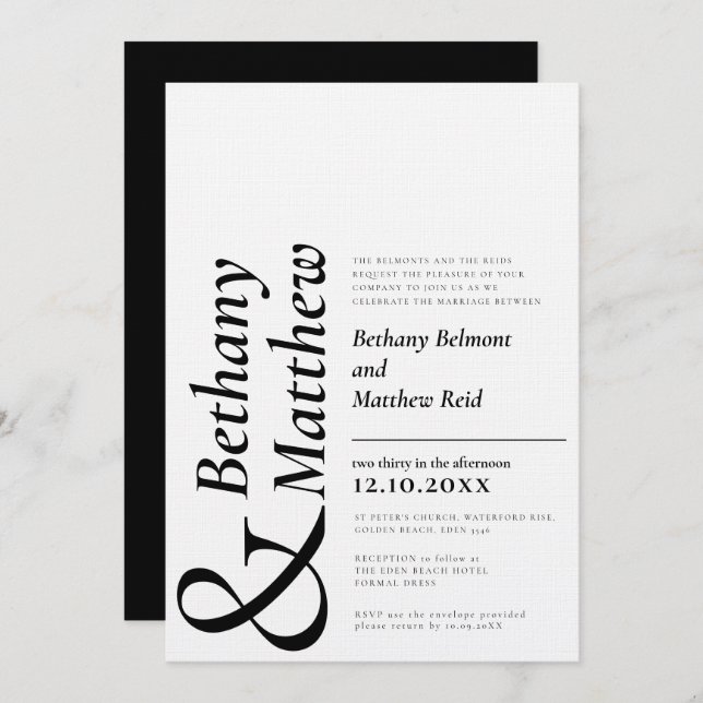 Invitación boda de texto gráfico blanco negro mono minimalist (Anverso / Reverso)