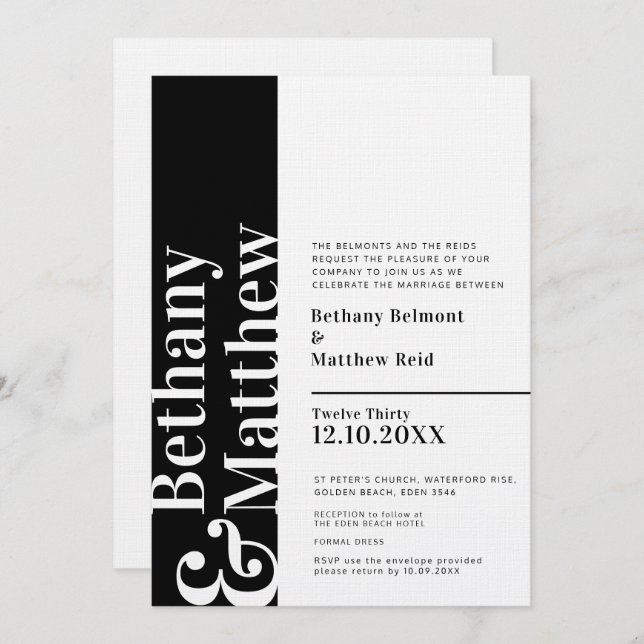 Invitación boda de texto gráfico blanco negro mono minimalist (Anverso / Reverso)