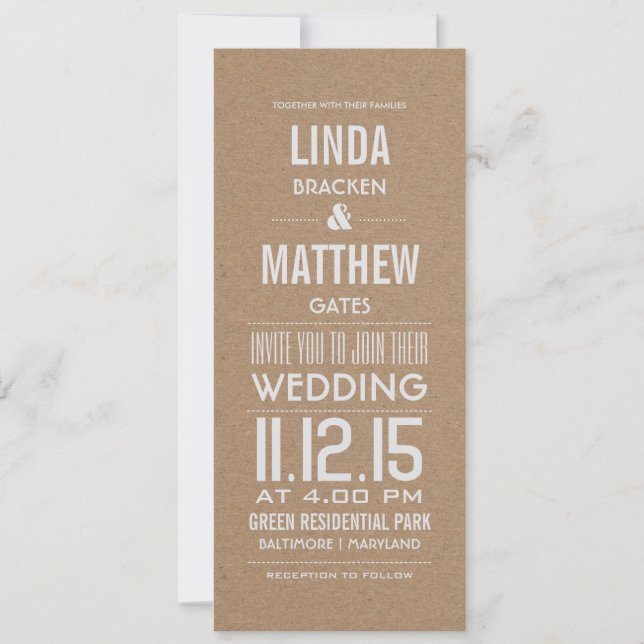 Invitación Boda de texto moderno de papel de Kraft marrón rús (Anverso)