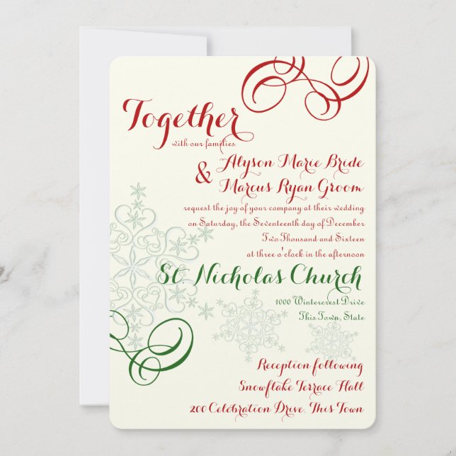 Invitación Boda de texto sobre copos de nieve rojos y verdes (Anverso)