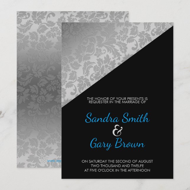 Invitación Boda de textura de damasco floral plateado (Anverso / Reverso)