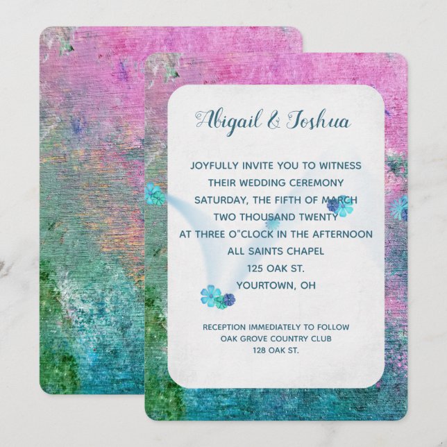 Invitación boda de textura de pintura rosa y turquesa abstrac (Anverso / Reverso)