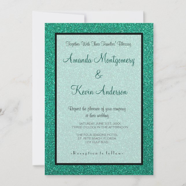 Invitación Boda de textura de Purpurina verde chisporroteo (Reverso)