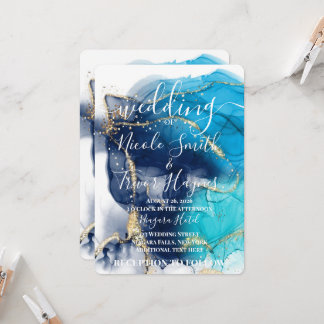 Invitación Boda de Tinta Alcohólica Azul Oro Personalizada