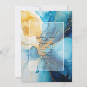 Invitación Boda de tinta alcohólica azul y dorada