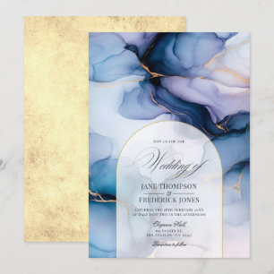 Invitación Boda de Tinta Alcohólica Fluyente Azul Marino y Do
