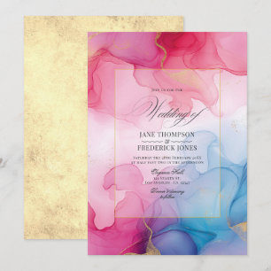 Invitación Boda de Tinta Alcohólica Rosa, Azul y Dorado Fluye