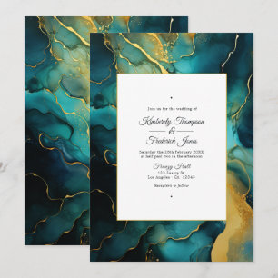 Invitación Boda de tinta alcohólica teal y dorada