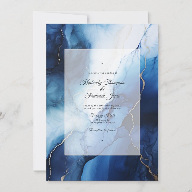 Invitación Boda de tinta azul oscuro, plateado y blanco (Anverso)