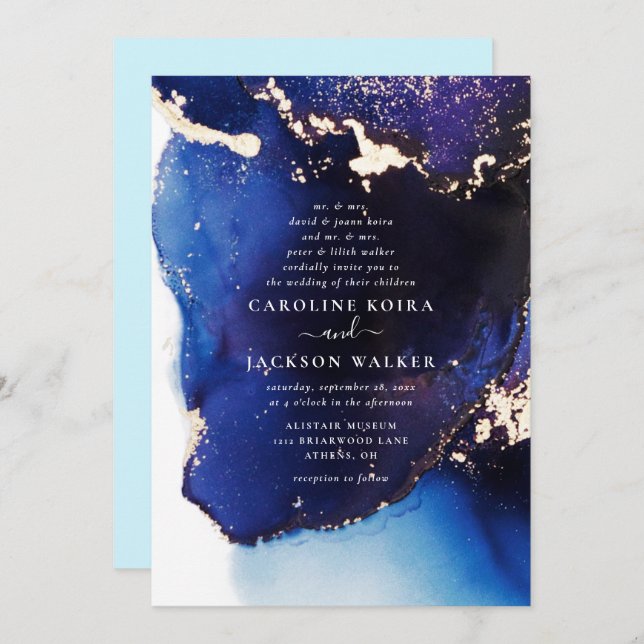 Invitación Boda de tinta azul y dorada de la marina (Anverso / Reverso)