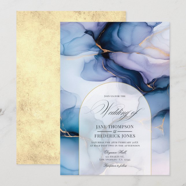 Invitación Boda de tinta de alcohol azul y oro de la marina (Anverso / Reverso)