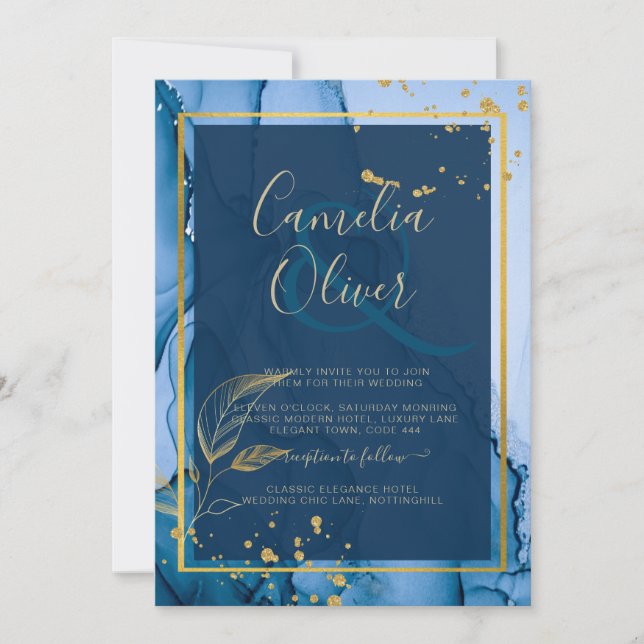 Invitación Boda de tinta de alcohol de la Marina LeahG® Blue  (Anverso)