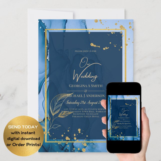 Invitación Boda de tinta de alcohol de la Marina LeahG® Blue  (Subido por el creador)