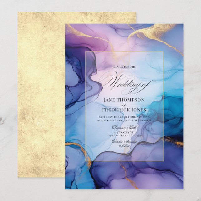 Invitación Boda de tinta de alcohol morado, azul y dorado (Anverso / Reverso)