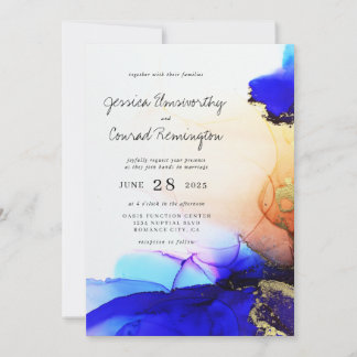 Invitación Boda de tinta de alcohol Naranja de oro azul moder