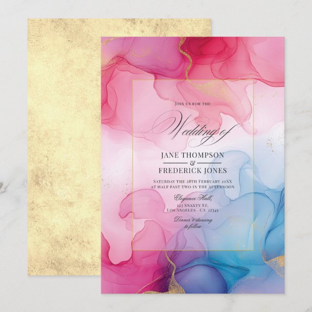 Invitación Boda de tinta de alcohol rosa, azul y dorado (Anverso / Reverso)