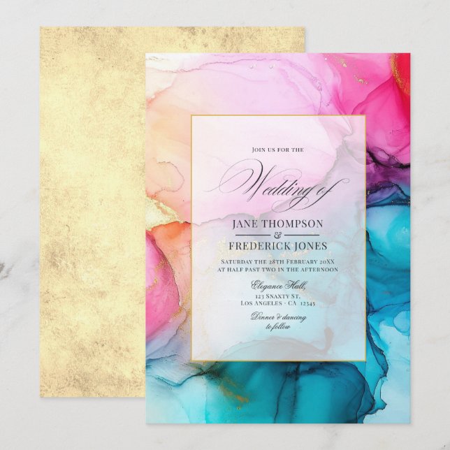 Invitación Boda de tinta de alcohol rosa caliente, azul y dor (Anverso / Reverso)