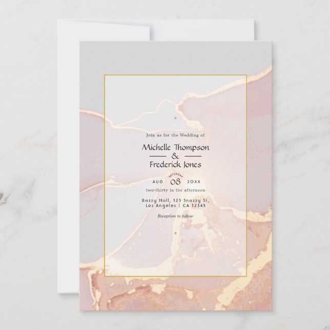 Invitación Boda de tinta de alcohol rosa oro y elegante (Anverso)