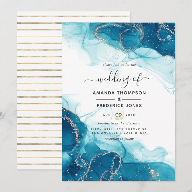 Invitación Boda de tinta de alcohol turquesa y dorado (Anverso / Reverso)