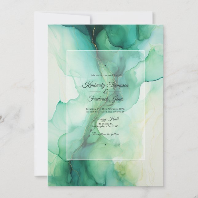 Invitación Boda de tinta de alcohol verde e marfil (Anverso)