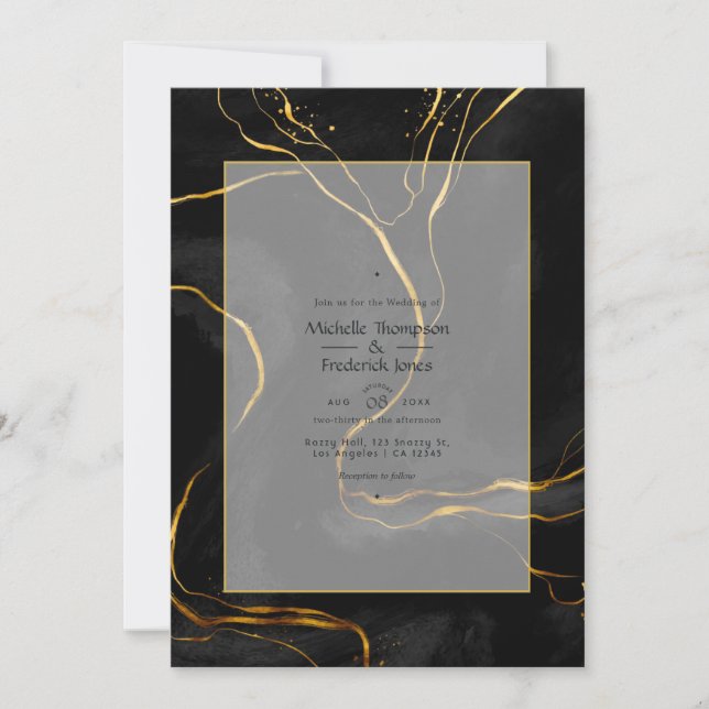 Invitación Boda de tinta de lujo negro y dorado (Anverso)