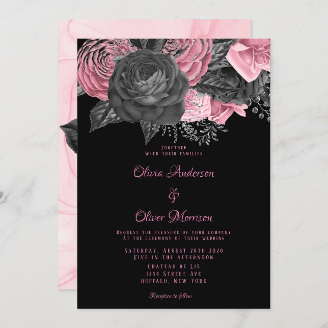 Invitación Boda de tinta floral rosa y negra de lujo (Anverso / Reverso)