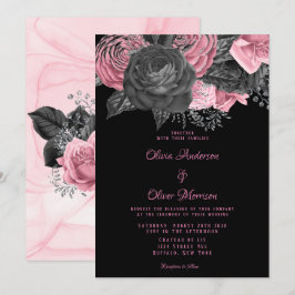 Invitación Boda de tinta floral rosa y negra de lujo