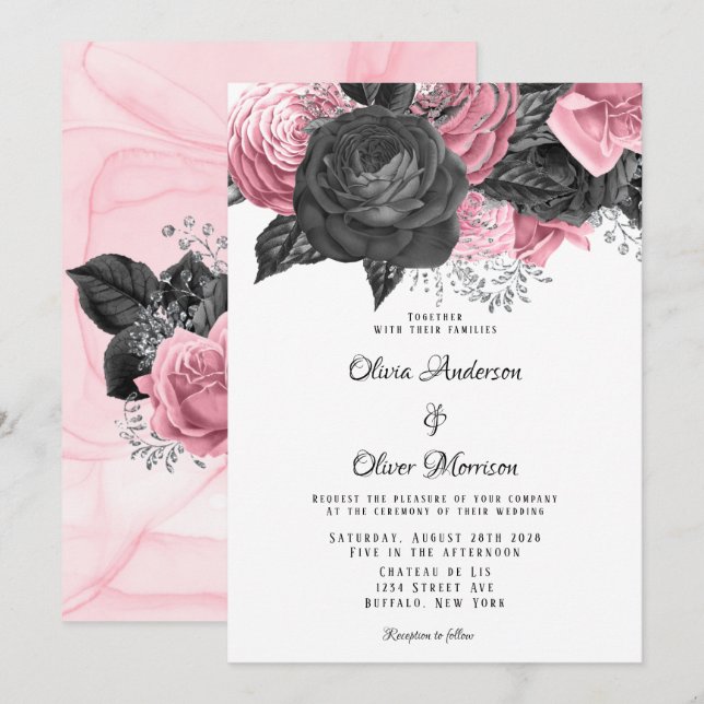 Invitación Boda de tinta floral rosa y negra de lujo (Anverso / Reverso)