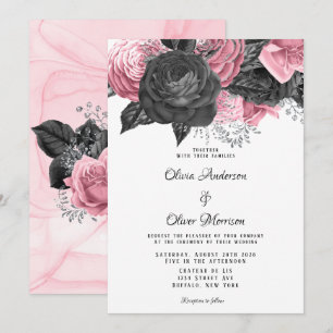 Invitación Boda de tinta floral rosa y negra de lujo