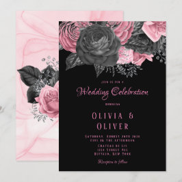 Invitación Boda de tinta floral rosa y negra de lujo