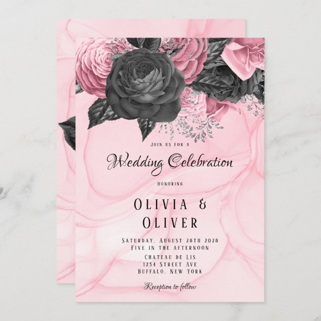 Invitación Boda de tinta floral rosa y negra de lujo Invita (Anverso / Reverso)