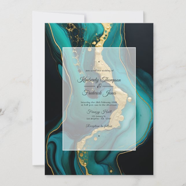 Invitación Boda de tinta negra, verde esmeralda y oro (Anverso)